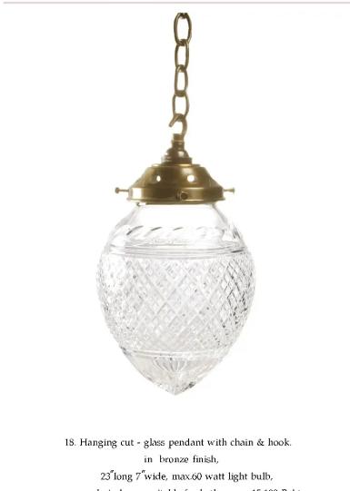 Crystal Hanging Lamp brass in antique color finish Item Code Lamp ELS18AT size wide 7'' long 23 cm.